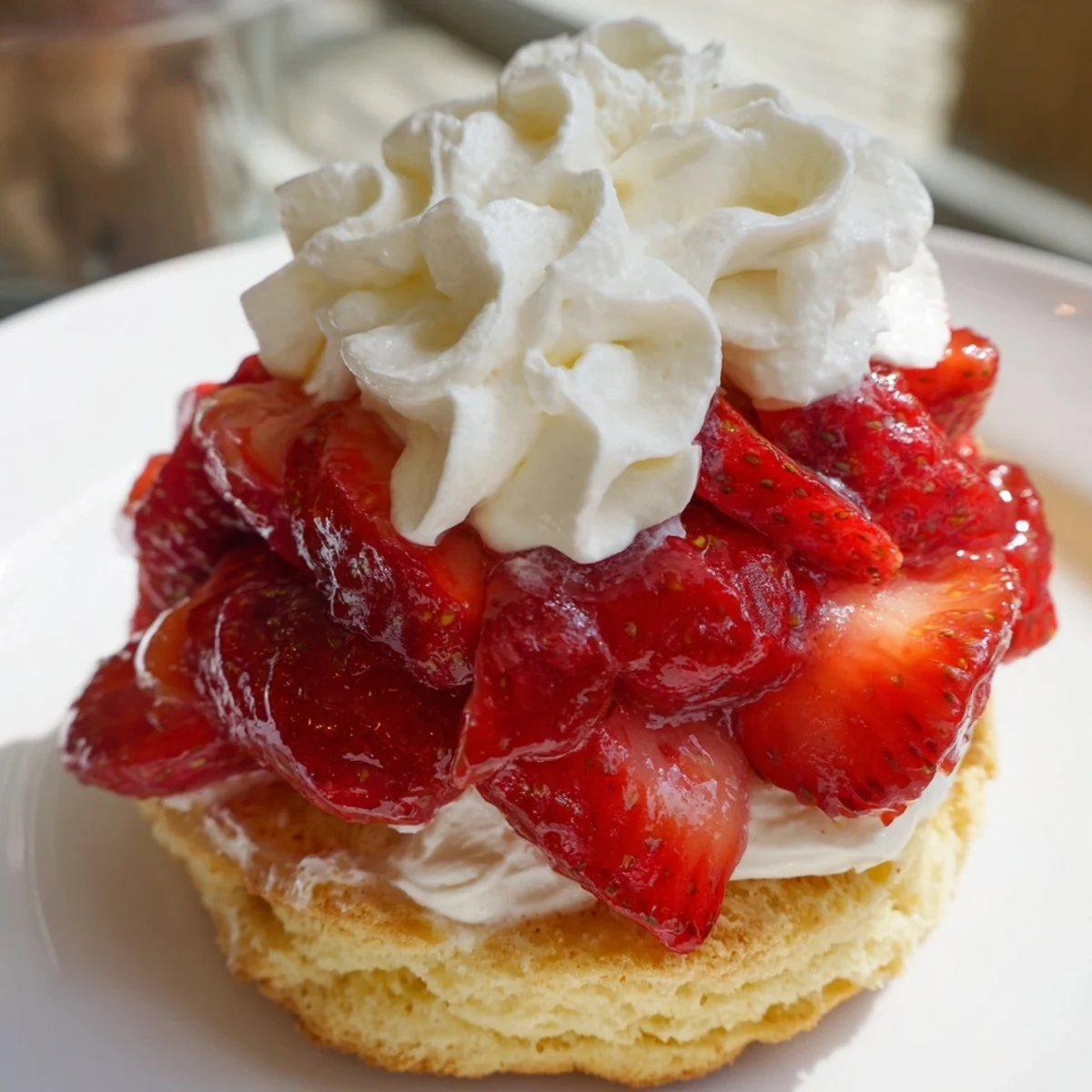 Strawberry Shortcake Cups garnished with a perfect dollop of whipped cream, ready to serve.