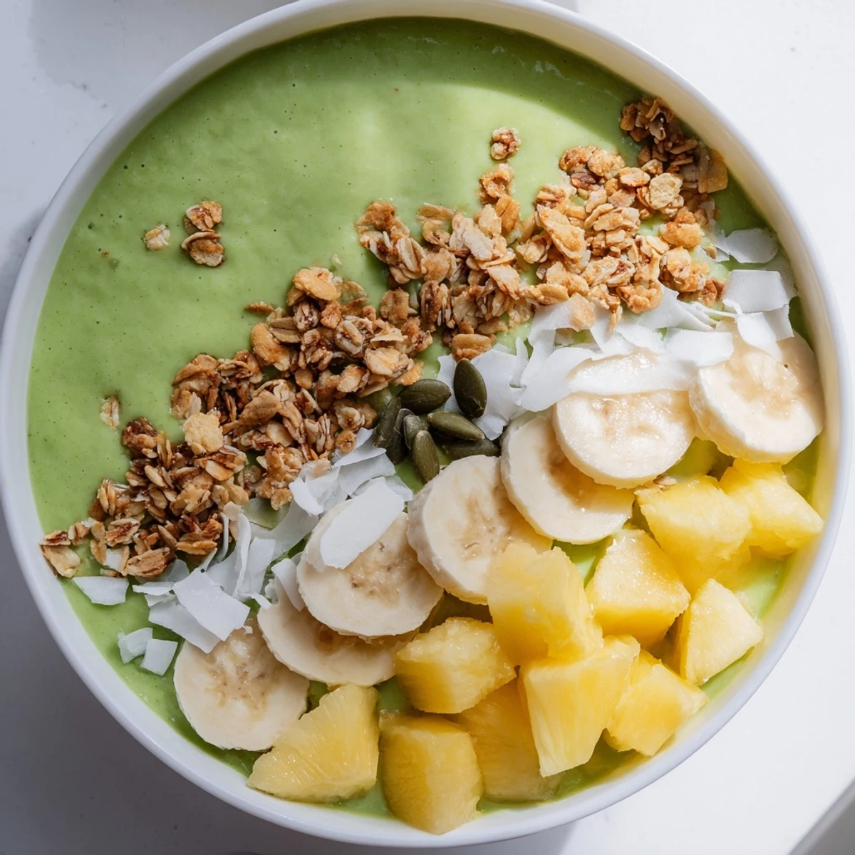 A close-up view of a vibrant green smoothie bowl topped with fresh pineapple, banana slices, granola, and pumpkin seeds.  