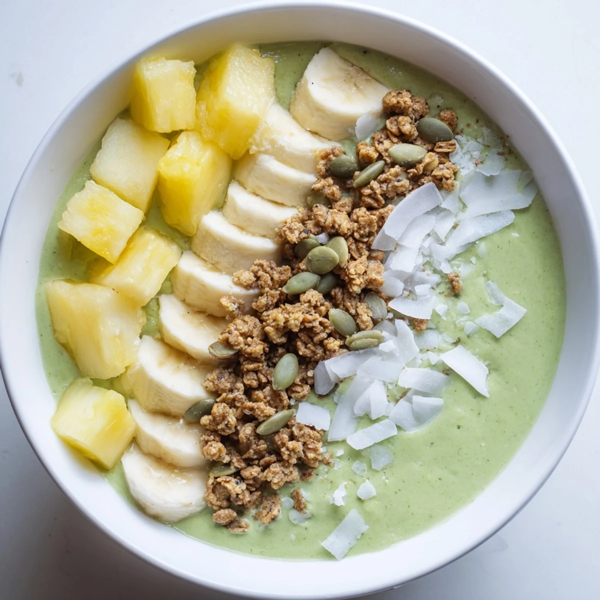 Enjoy the creamy texture of the spinach and pineapple base, garnished with shredded coconut and fresh berries for extra flavor.