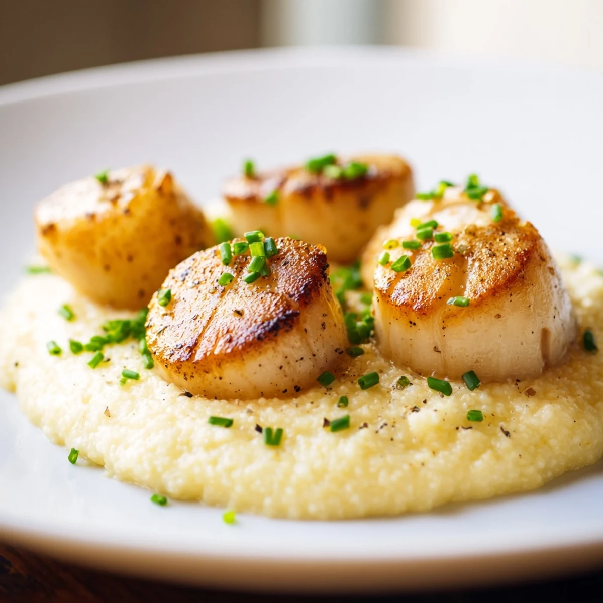 Golden-brown, perfectly seared scallops rest on a bed of creamy polenta, garnished with fresh chives and a twist of black pepper for an elegant Italian-American dinner.  