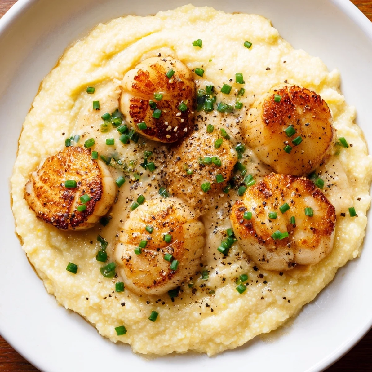 A close-up of pan-seared scallops with a crisp edge, paired with rich, buttery polenta, ready to be served with a squeeze of fresh lemon.  