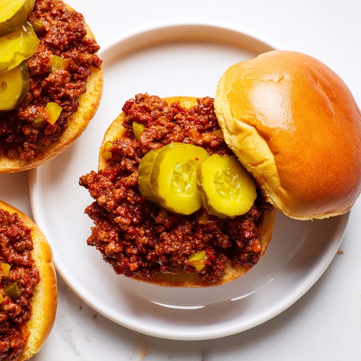 A classic American sloppy joe recipe served on golden toasted buns topped with crisp dill pickles.  