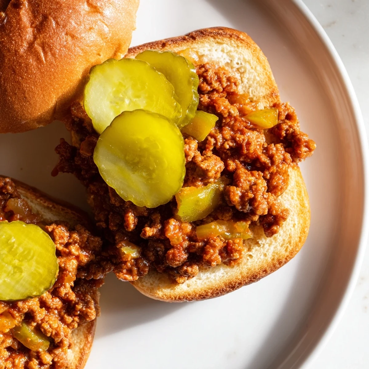 Ground beef simmered in a savory tomato sauce piled high on buttery toasted burger buns.  