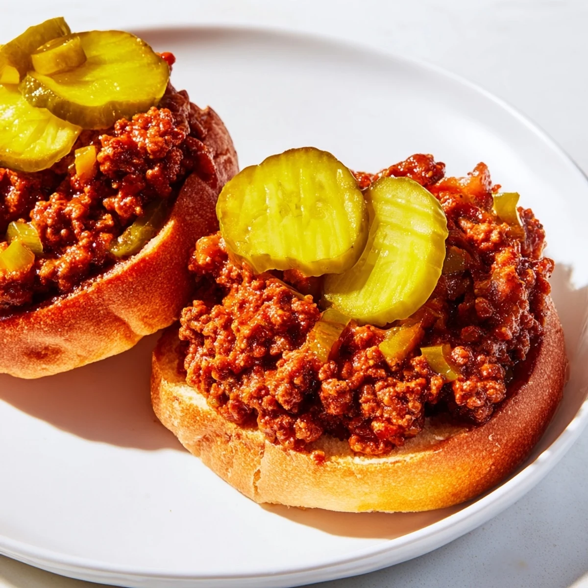 Homemade sloppy joes with tangy pickles, served alongside crunchy potato chips for a classic meal.