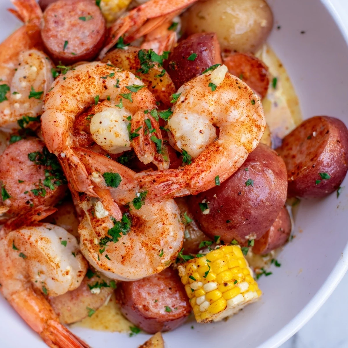 A vibrant Mardi Gras Shrimp Boil with corn on the cob, sausage, and potatoes, served steaming on a newspaper-lined table.