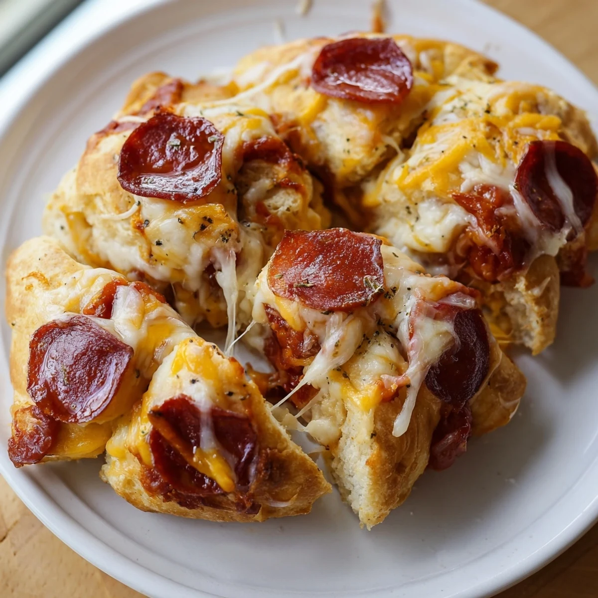 Golden, bubbly Pizza Rolls with Beef Pepperoni and Cheese arranged on a rustic wooden serving board, ready for a party snack.  