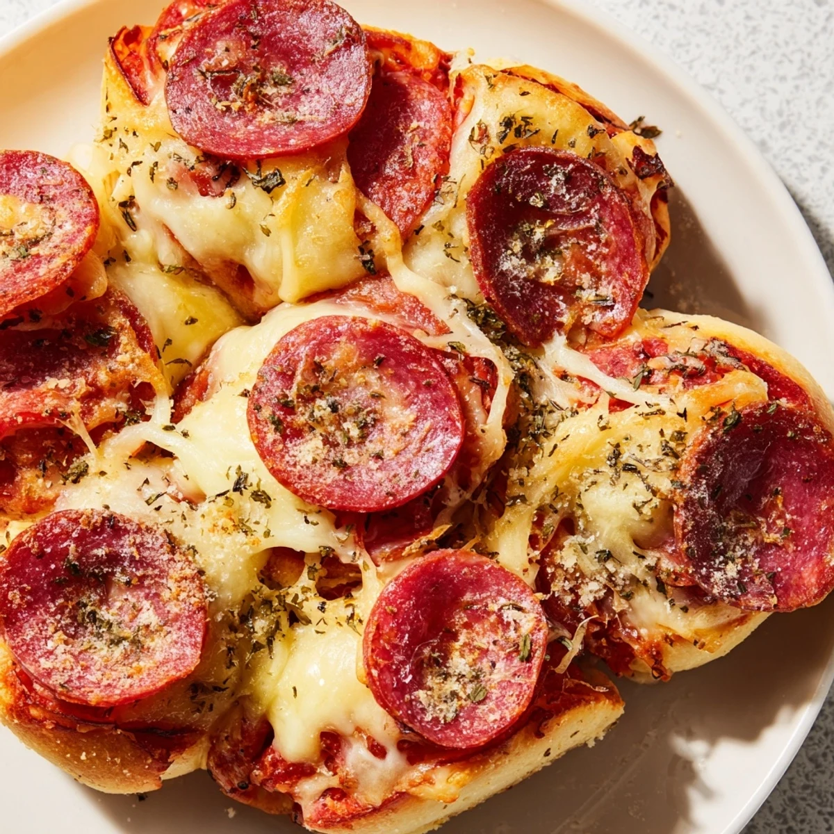 Homemade Pizza Rolls with Beef Pepperoni and Cheese served warm with a side of marinara for dipping on a plate.