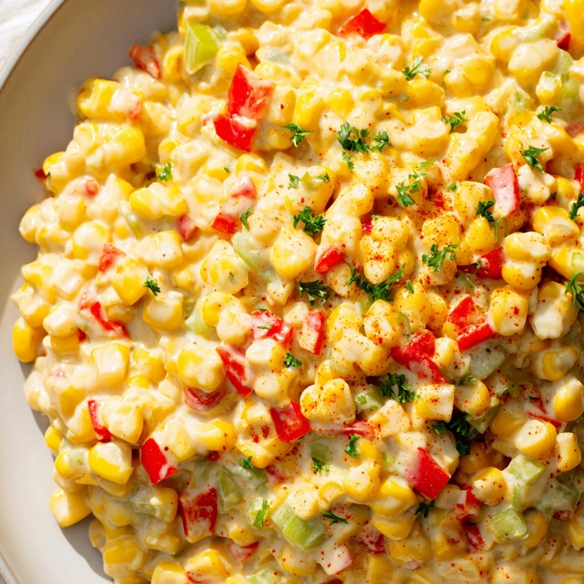 A close-up of Creole Corn Maque Choux with Peppers, featuring golden sautéed corn in a creamy sauce and garnished with fresh parsley.