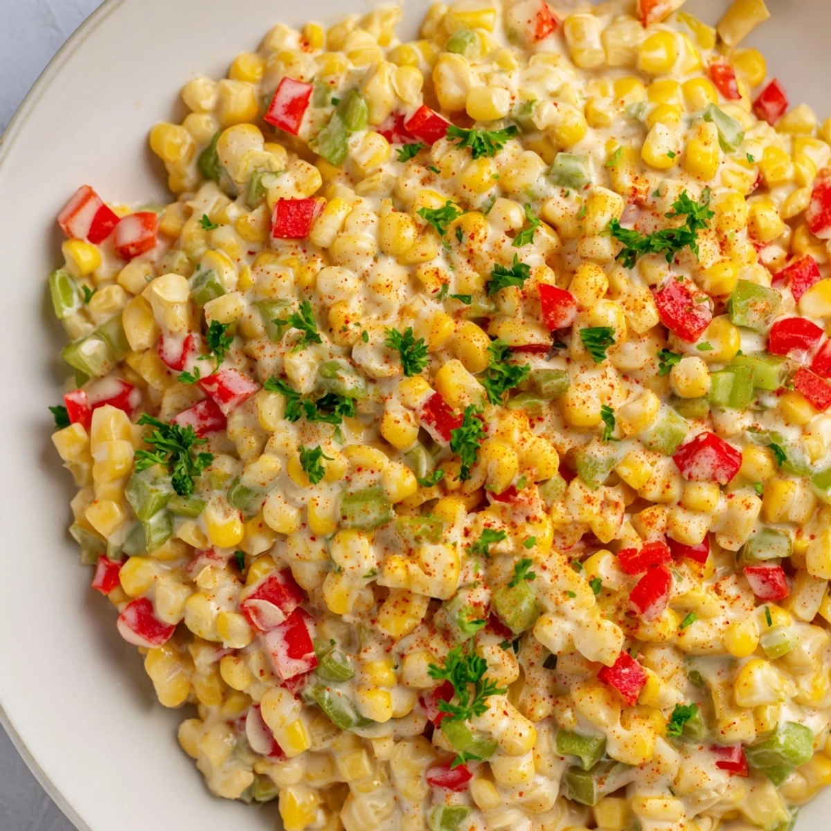 This vibrant Creole Corn Maque Choux with Peppers shows colorful diced red and green bell peppers mixed into the rich corn medley.