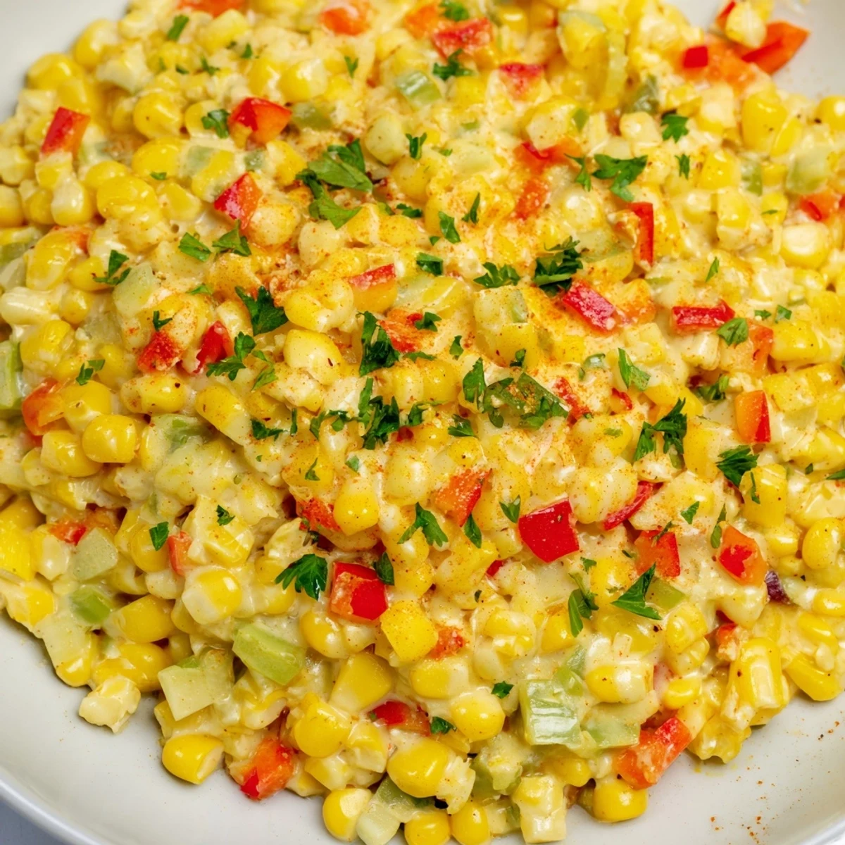 Served steaming hot in a rustic skillet, Creole Corn Maque Choux with Peppers is garnished with fresh scallions, a perfect Southern side dish.