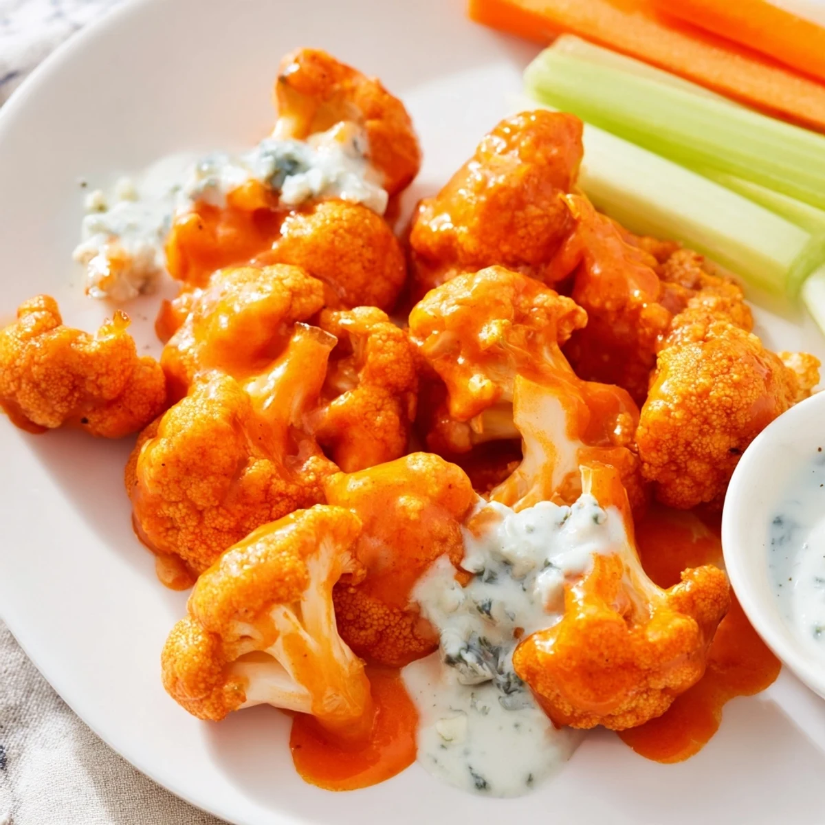 Golden-baked Buffalo Cauliflower Wings with Blue Cheese dip, garnished with celery and carrot sticks on a rustic plate.