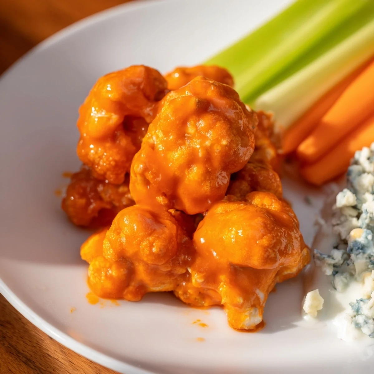 Freshly roasted Buffalo Cauliflower Wings with Blue Cheese, coated in tangy sauce and served with creamy dip.