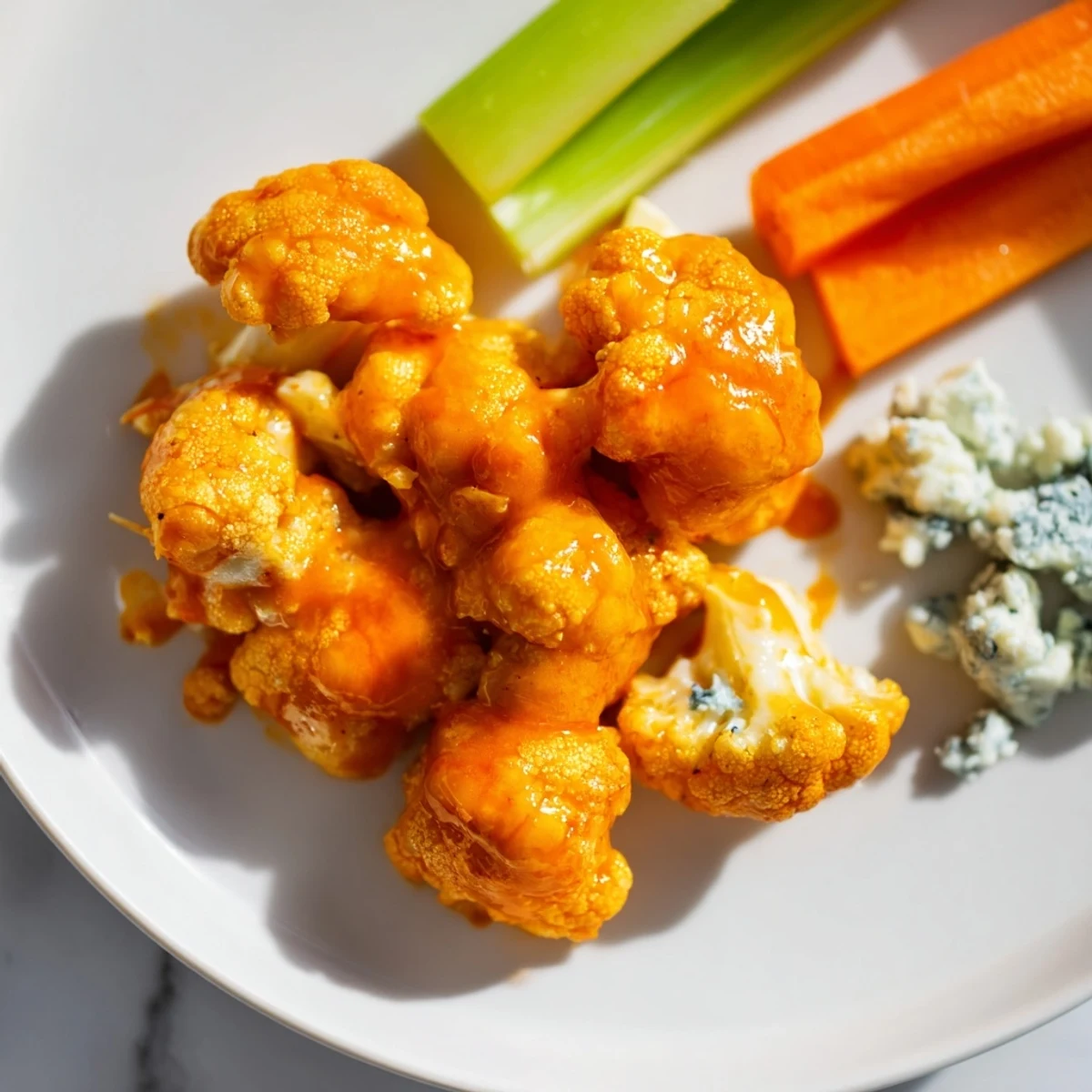 Close-up of crispy Buffalo Cauliflower Wings with Blue cheese dip, showcasing golden edges and vibrant red sauce.