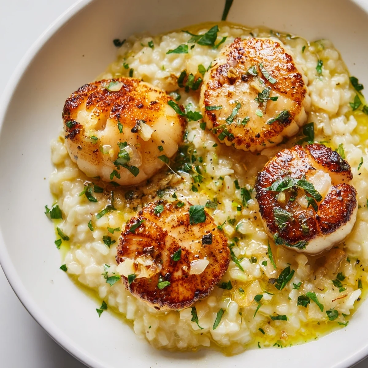 A close-up view of tender Lemon Garlic Scallops with risotto, garnished with fresh parsley and a drizzle of garlic butter sauce.