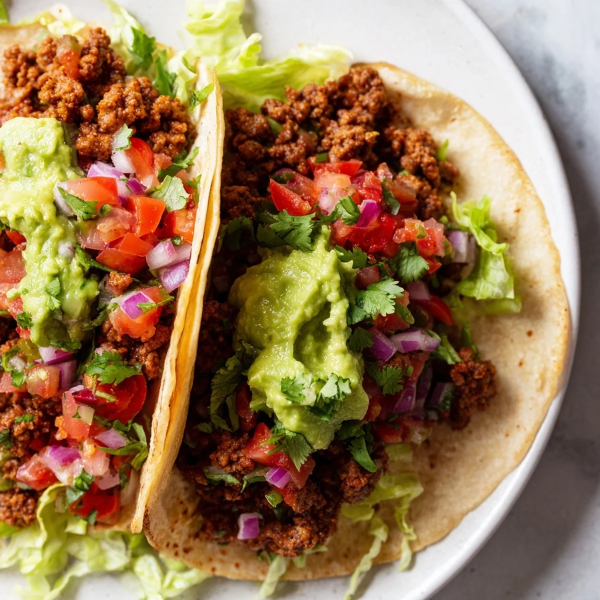 Juicy seasoned beef nestled in warm corn tortillas, topped with homemade salsa and creamy guacamole, perfect for a festive weeknight feast.  