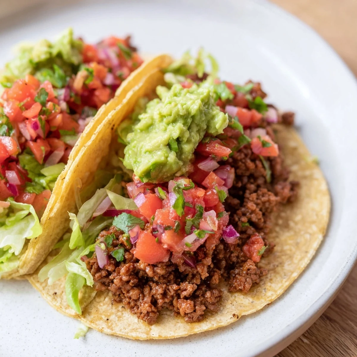 Golden beef tacos with vibrant homemade salsa and guacamole garnished with fresh cilantro, ready to serve with lime wedges for squeezing.  