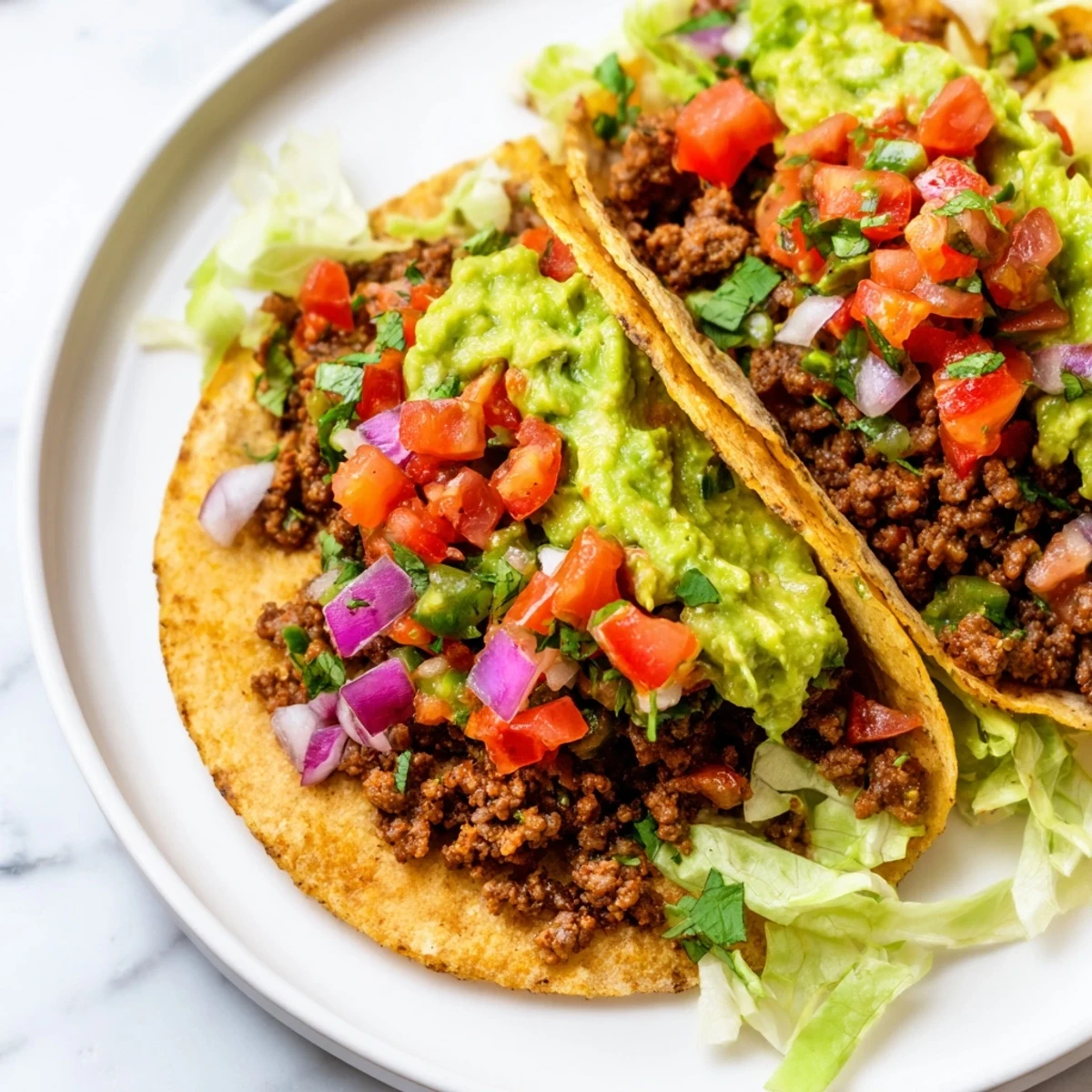Hearty ground beef tacos filled with zesty salsa and rich guacamole, ideal for a casual Mexican-inspired family dinner at home.