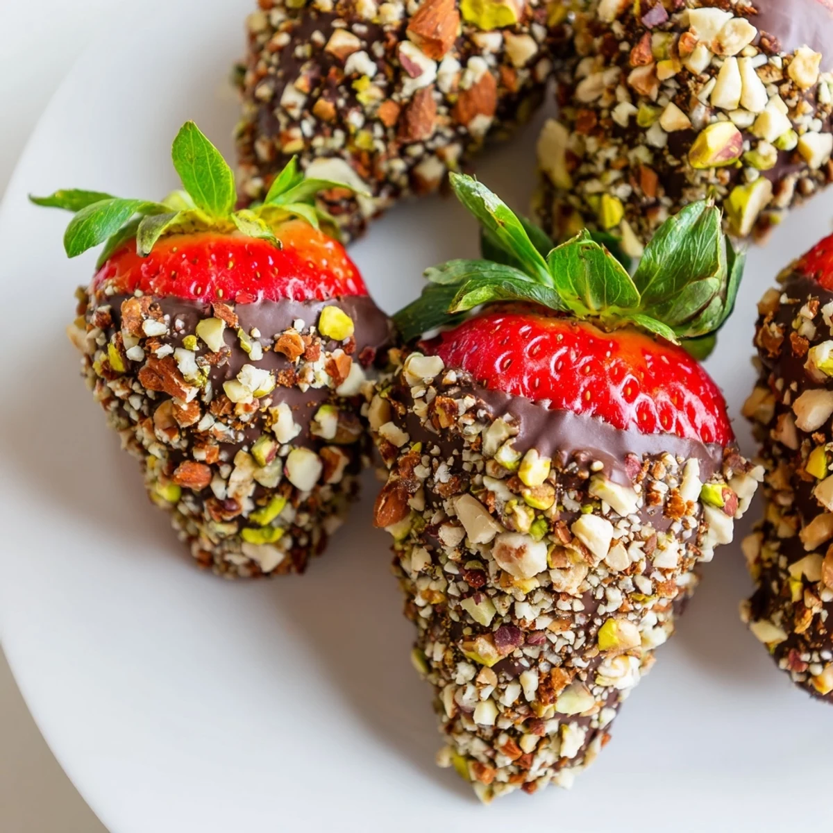 Juicy strawberries dipped in dark chocolate and sprinkled with chopped almonds and hazelnuts, served on a platter.