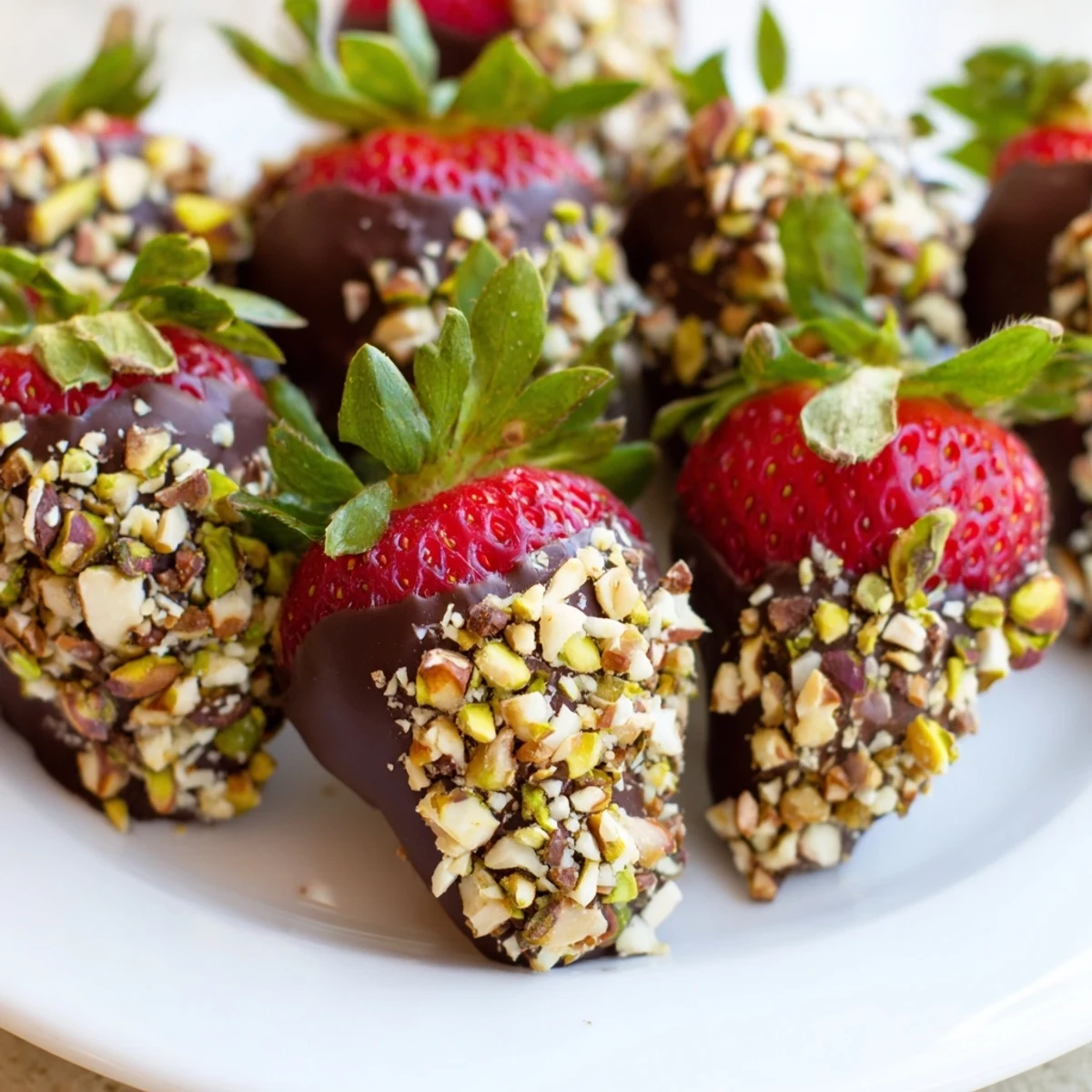 Chocolate Dipped Strawberries with Nuts on a white plate, ready for a romantic dessert or party platter.