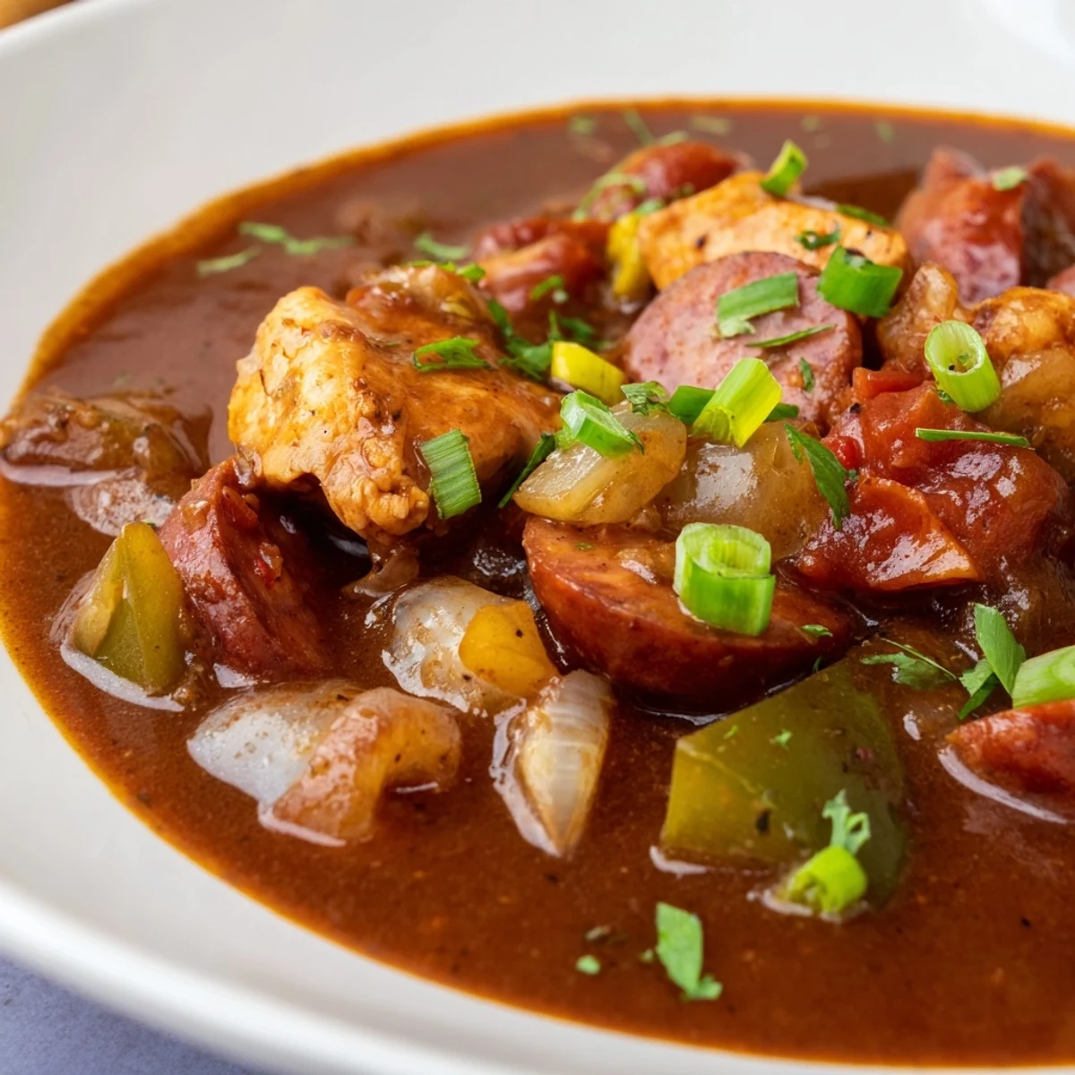 Dark roux-based Cajun Chicken and Sausage Gumbo in a Dutch oven, featuring tender chicken, andouille sausage, and aromatic vegetables.