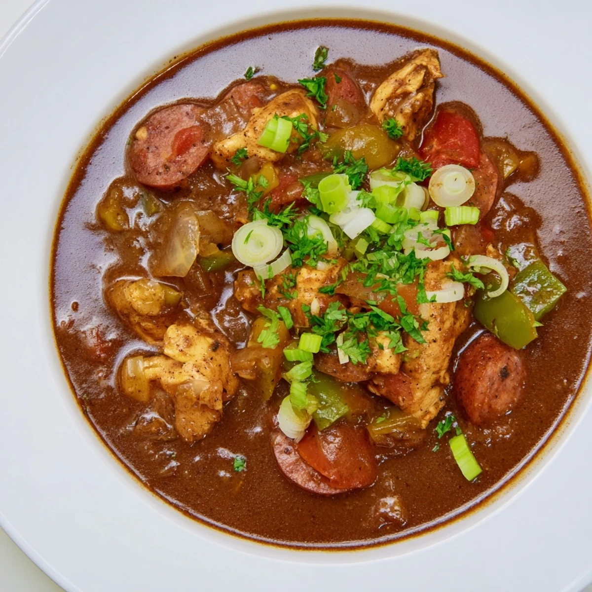 Serving spoon lifting a ladleful of spicy Cajun Chicken and Sausage Gumbo over rice, showcasing the rich, thick broth.
