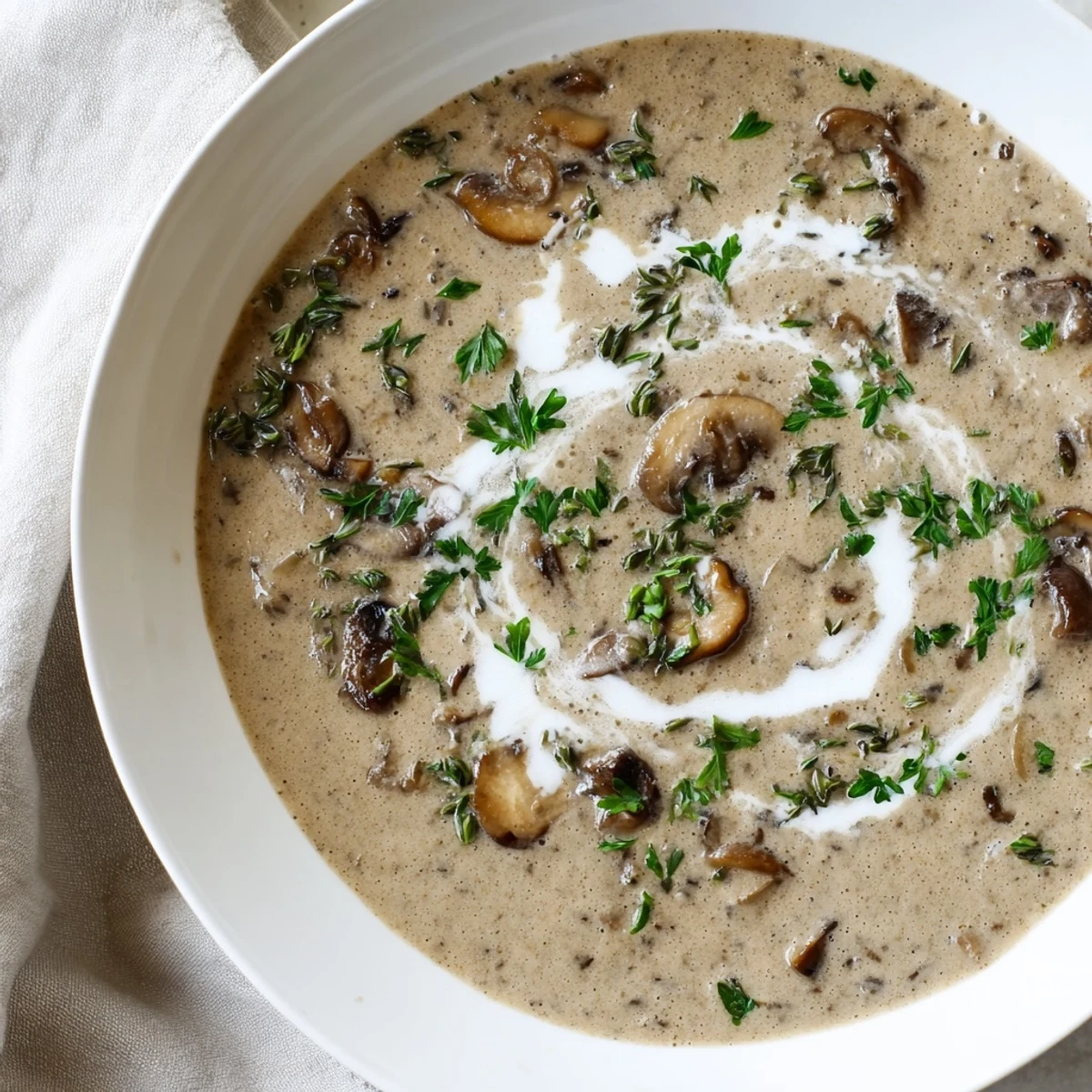 Creamy Mushroom Soup with Thyme steaming in a rustic bowl, garnished with fresh parsley and a swirl of cream.  