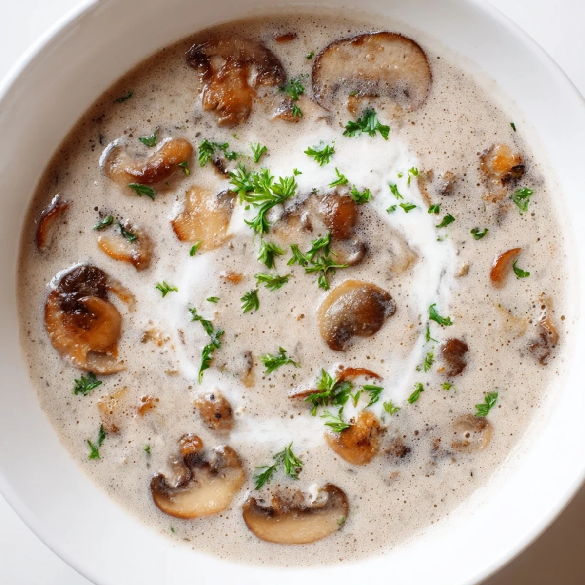 Served hot, this velvety Creamy Mushroom Soup with Thyme pairs perfectly with crusty bread for dipping.  