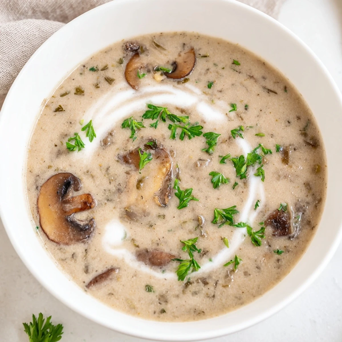 A spoonful of golden Creamy Mushroom Soup with Thyme highlights the rich, aromatic blend of fresh herbs.