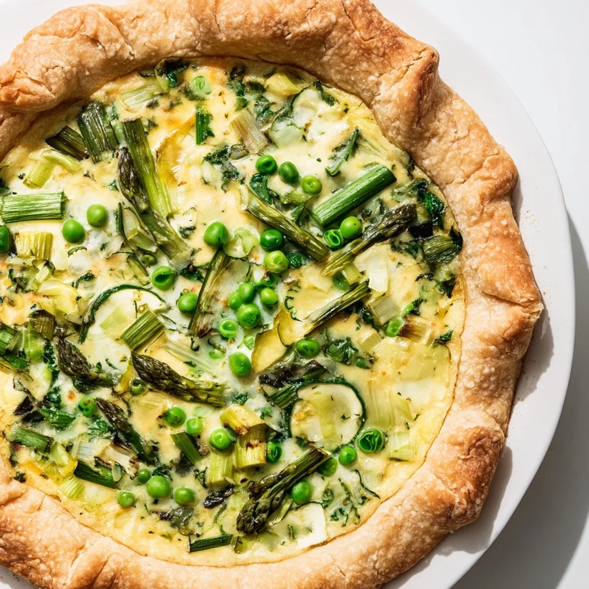 A slice of Spring Vegetable Quiche with Crust sits on a white plate, showcasing golden pastry and vibrant green asparagus and peas.  