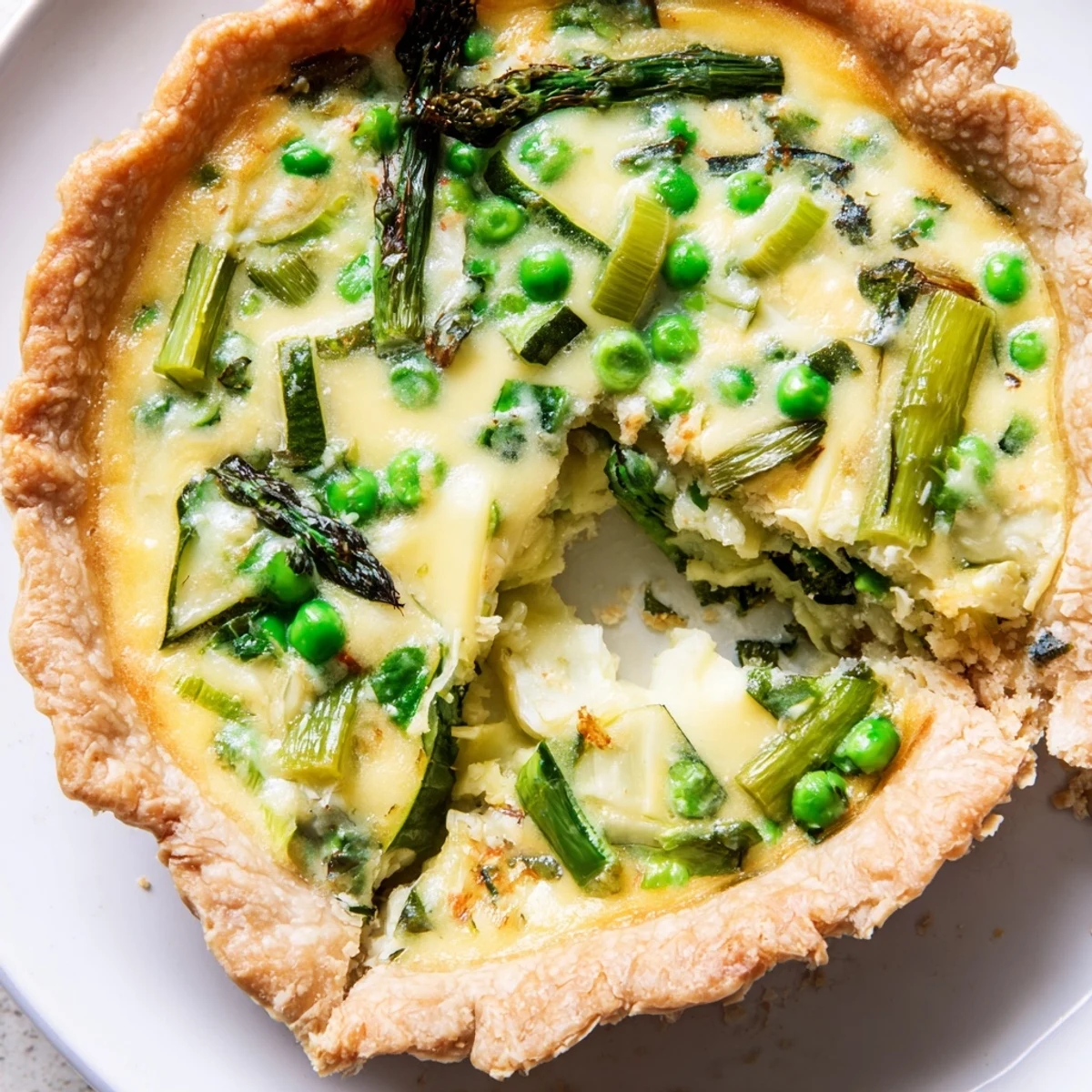 Spring Vegetable Quiche with Crust cooling on a wire rack, revealing a creamy custard filling and flaky, buttery edges.
