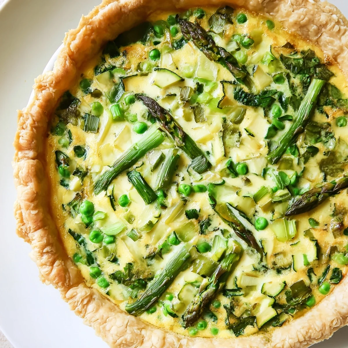 Fresh Spring Vegetable Quiche with Crust on a rustic wooden table, garnished with herbs, perfect for a sunny brunch spread.  