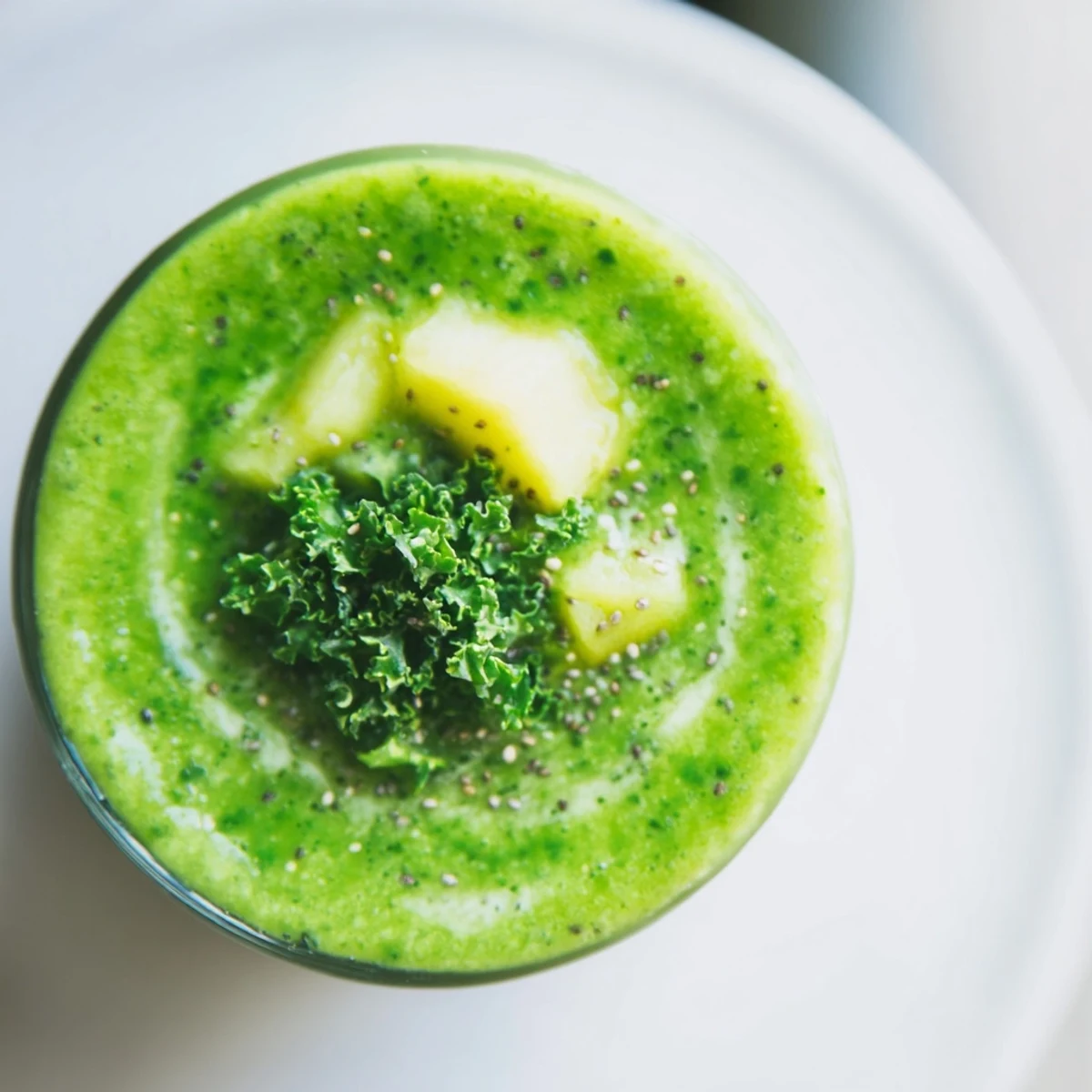 Top-down view of a green smoothie with kale and pineapple, garnished with a pineapple slice and a sprinkle of chia seeds.