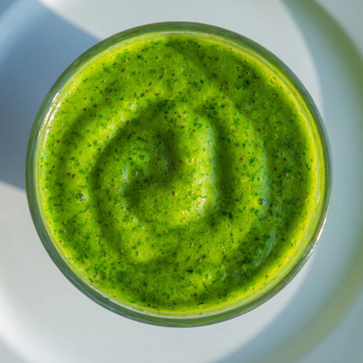 Tall glass of a refreshing green smoothie with kale and pineapple next to fresh ingredients on a bright kitchen counter.