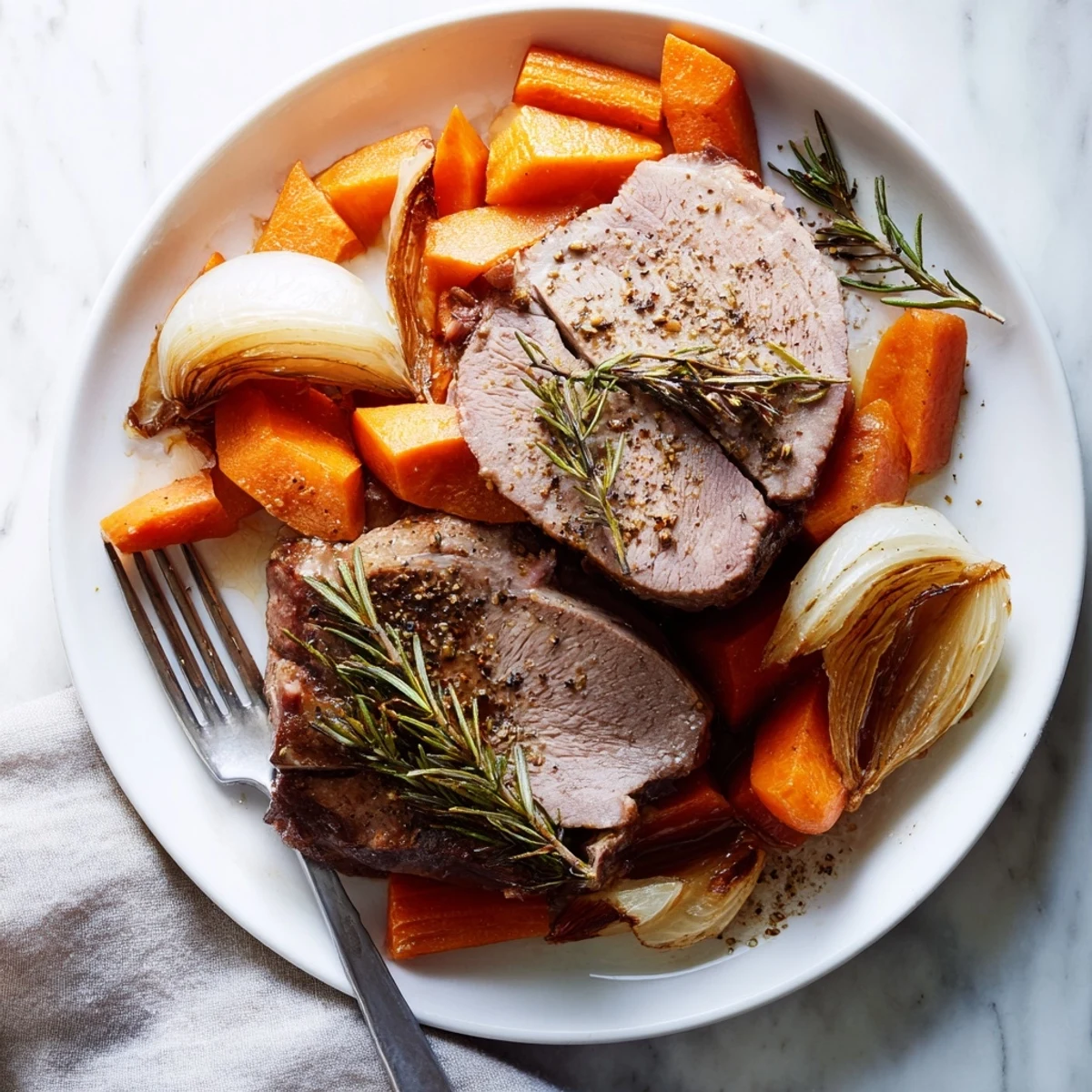 A beautifully roasted lamb leg, glistening with herb-infused oil and rosemary, served with tender carrots and onions on a rustic platter.  