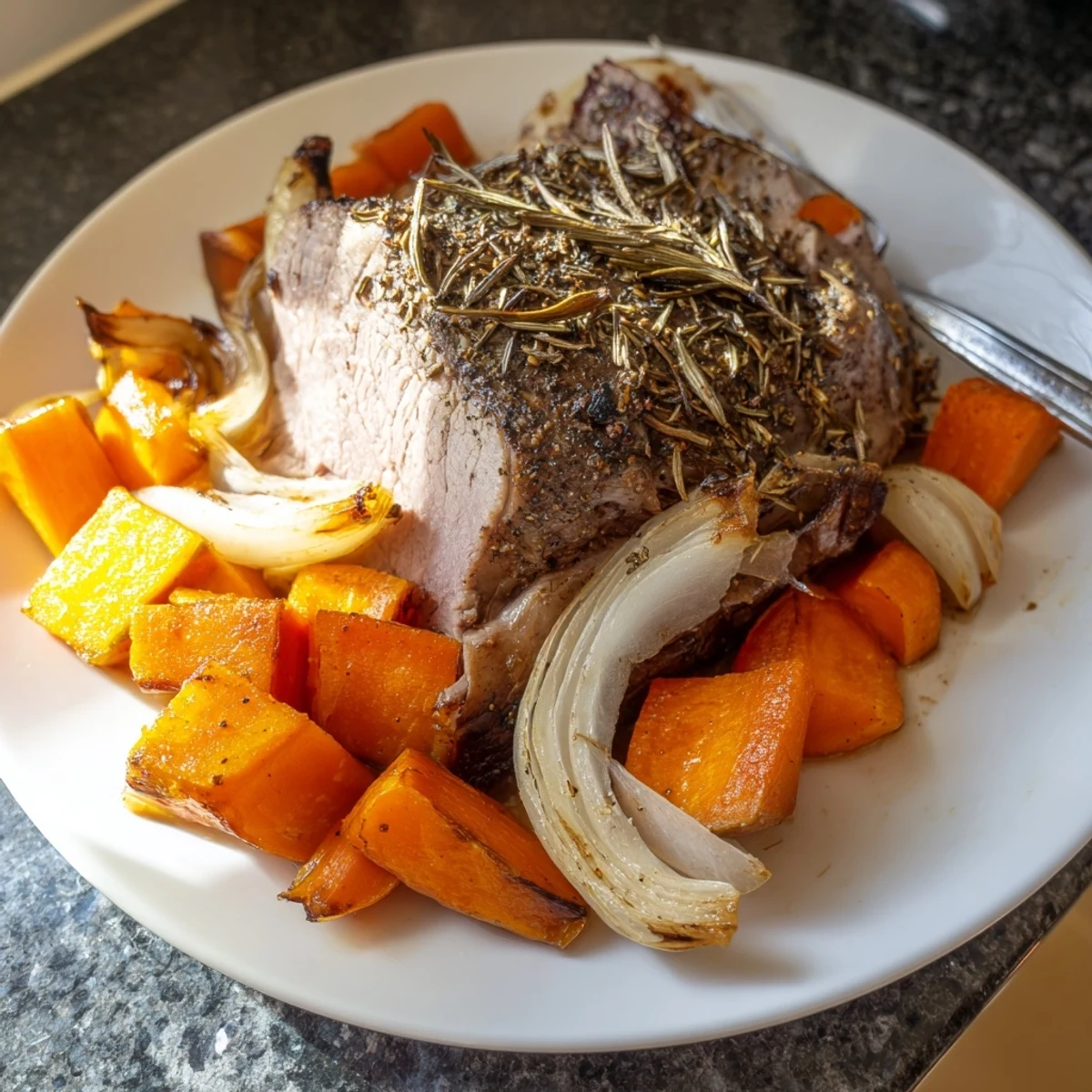 Sliced rosemary-garlic lamb reveals a juicy pink interior, accompanied by caramelized vegetables and savory pan juices for a hearty family meal.  