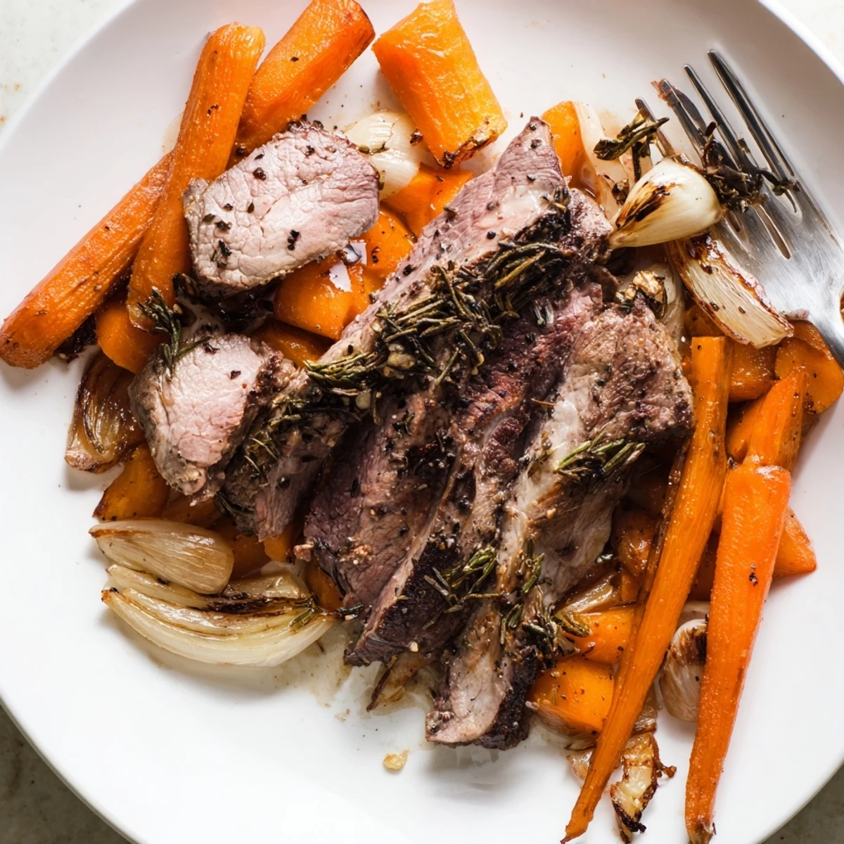 Golden-brown roasted lamb leg with rosemary and garlic rests beside caramelized carrots and onions, perfect for a festive Mediterranean dinner.