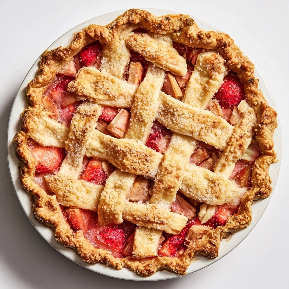 Close-up of homemade Strawberry Rhubarb Pie, featuring a buttery lattice top and vibrant red strawberries mixed with pink rhubarb specks.
