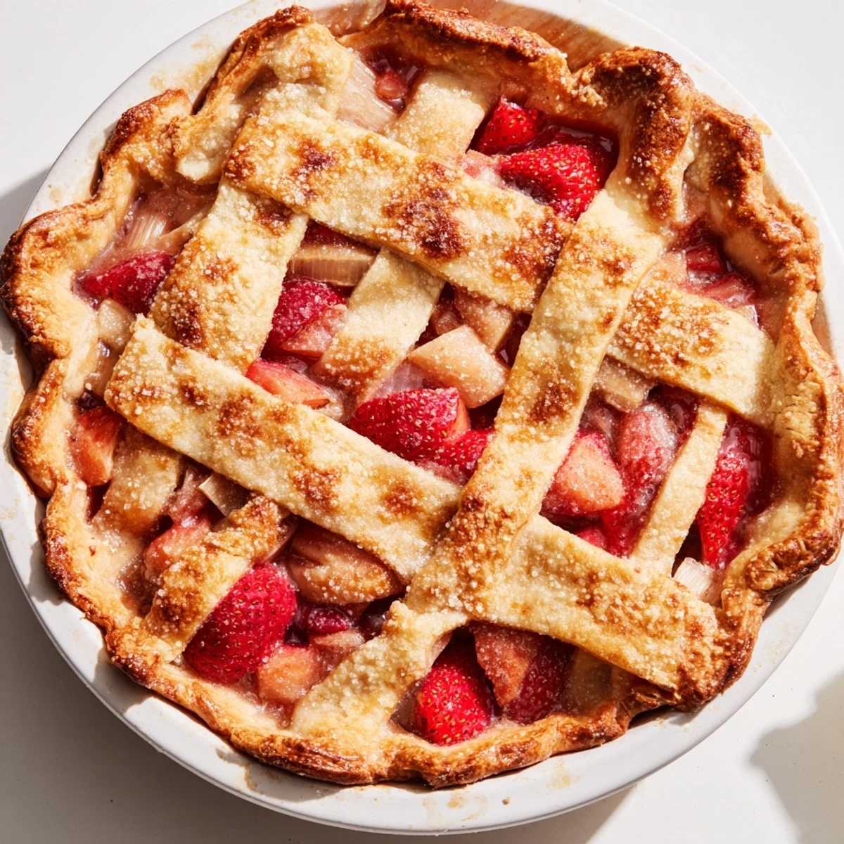 Freshly baked Strawberry Rhubarb Pie with a golden lattice crust, bubbling with sweet-tart filling and ready to slice for a classic American dessert.