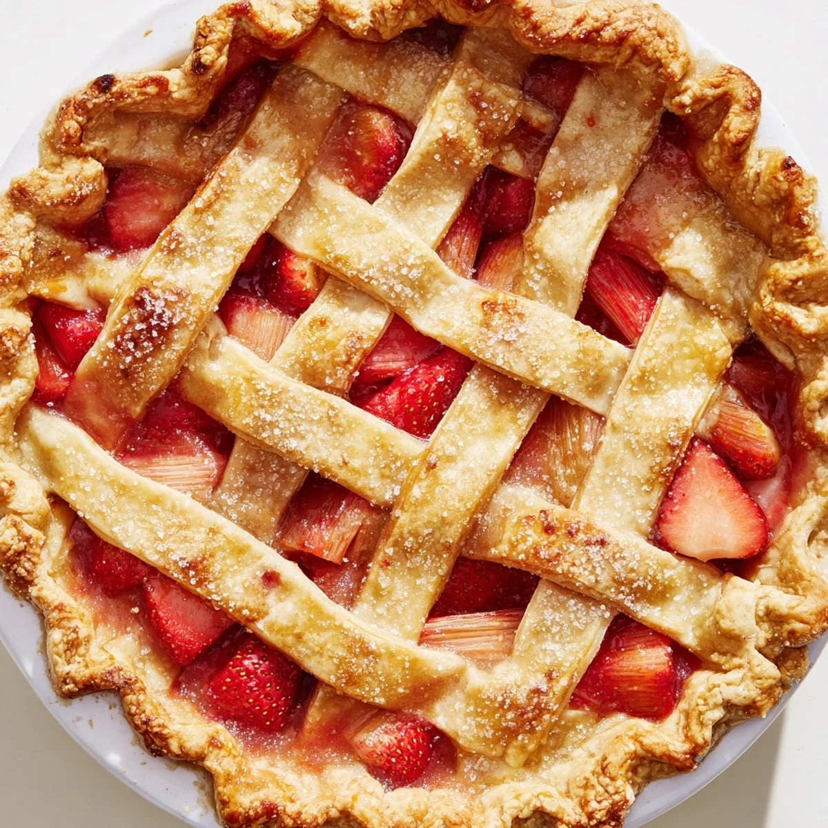 Warm slice of Strawberry Rhubarb Pie served on a vintage plate, perfect with a scoop of vanilla ice cream melting on top.