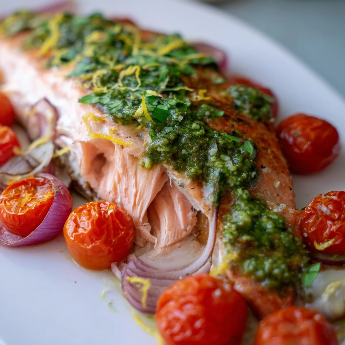 Tender baked salmon with pesto and cherry tomatoes served on a white plate with lemon wedges and fresh basil.