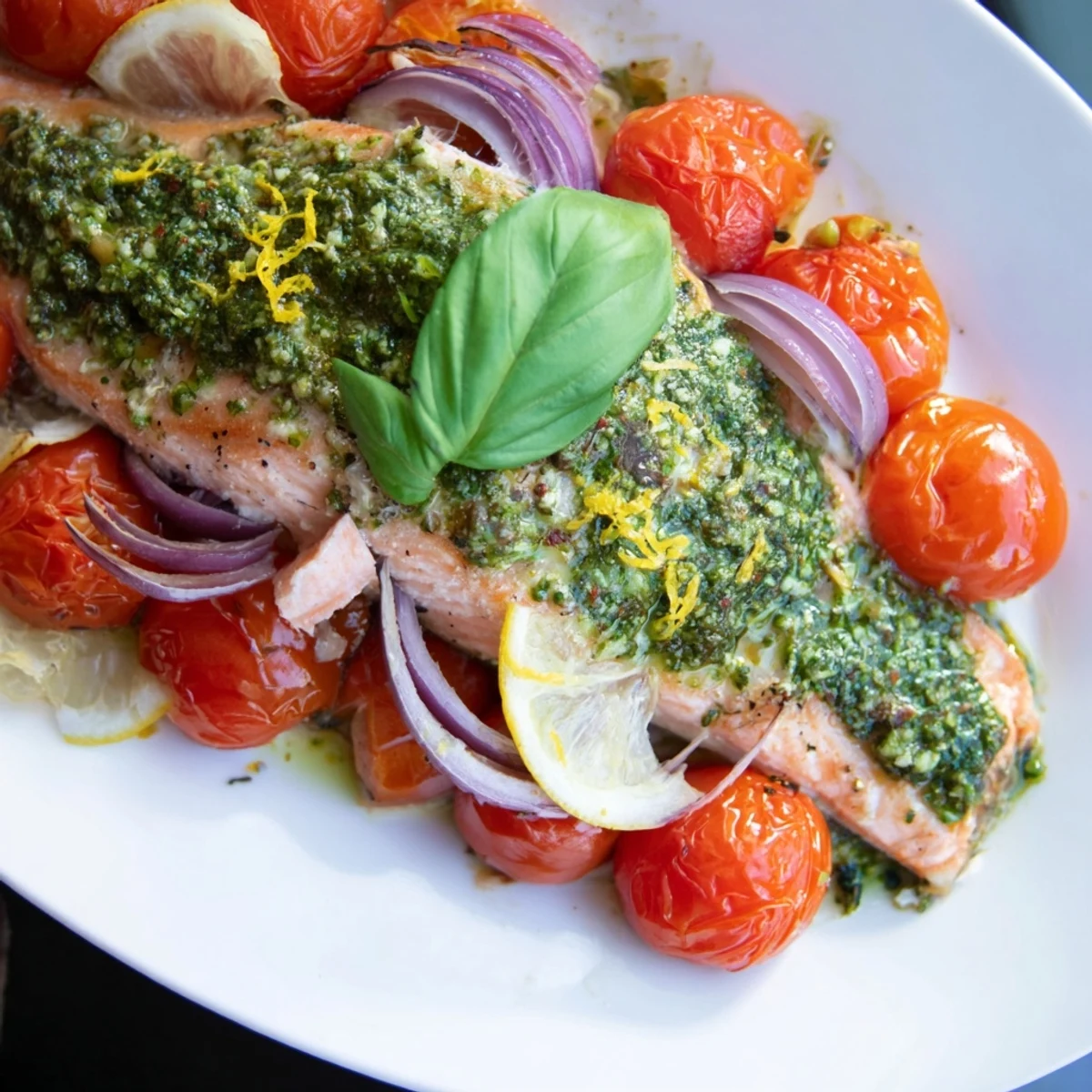 Sizzling roasted cherry tomatoes and baked salmon with pesto garnished with fresh basil on a rustic wooden table.