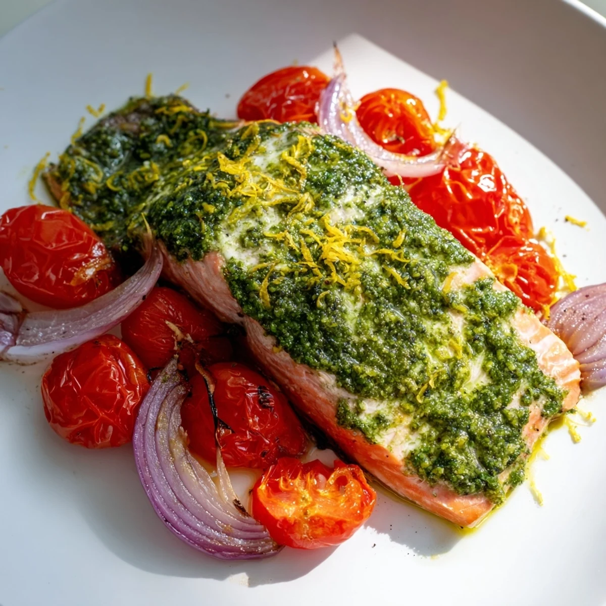 A close-up of glazed salmon fillets with roasted cherry tomatoes and green pesto, ready to be eaten with quinoa.