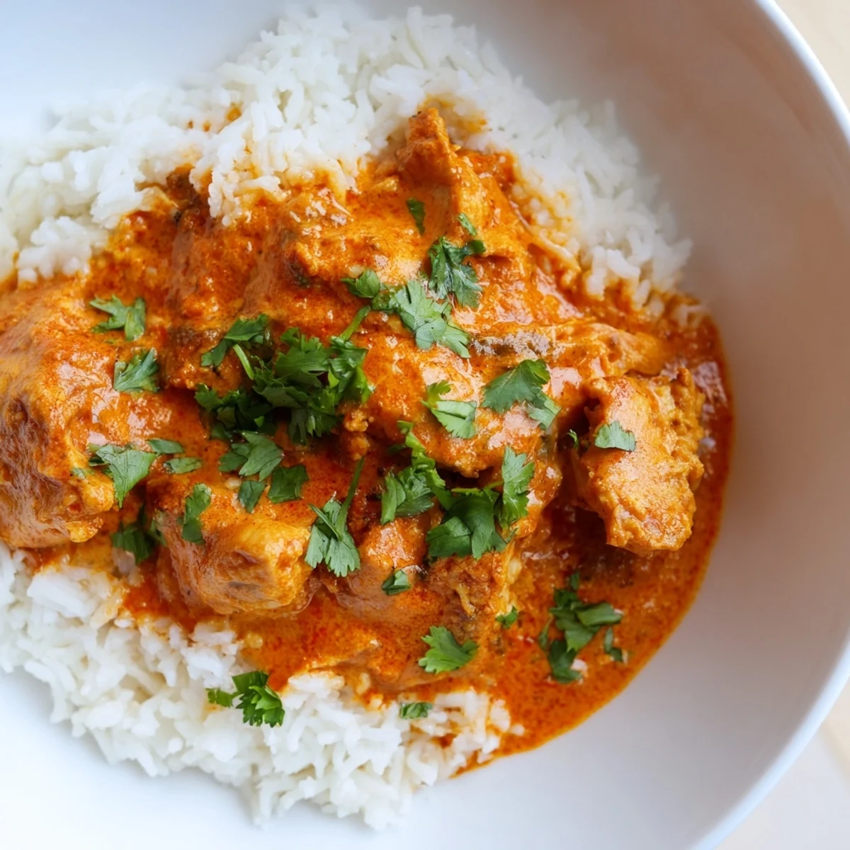 Close-up of tender grilled Chicken Tikka Masala with basmati rice, drizzled in rich tomato cream sauce and fresh herbs.