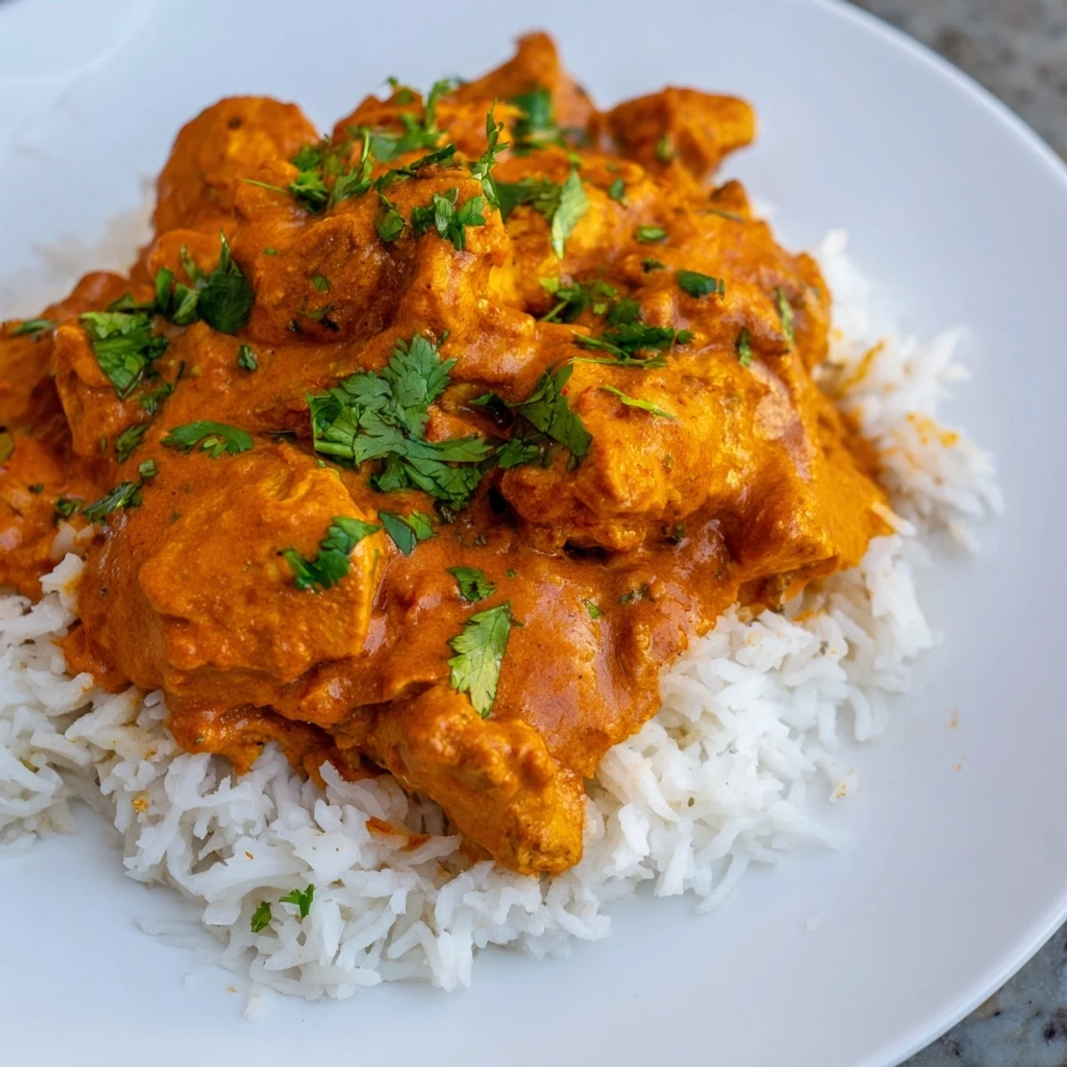 Steaming basmati rice and creamy Chicken Tikka Masala in a white bowl, garnished with cilantro for a hearty dinner.