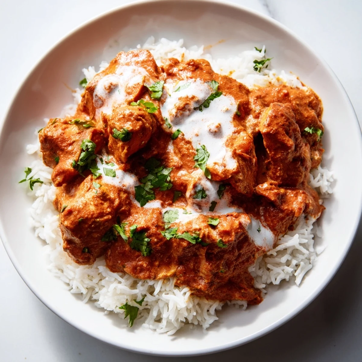 Chicken Tikka Masala with basmati rice served on a rustic plate, garnished with cilantro beside a warm naan bread.
