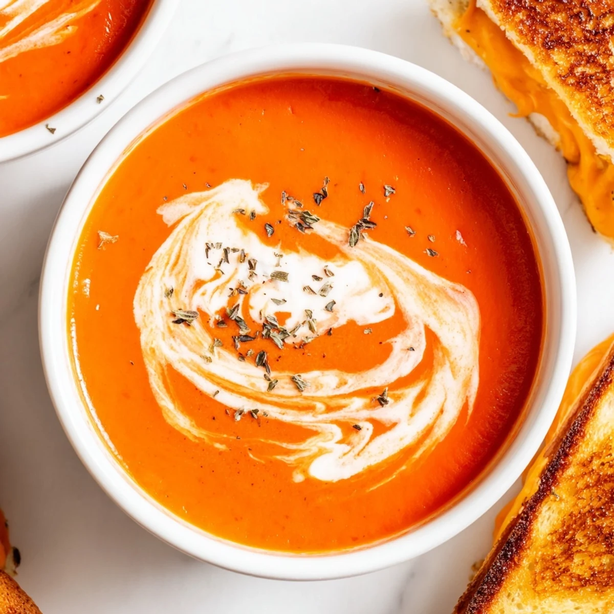 Velvety Creamy Tomato Soup with Grilled Cheese Dippers steaming in a rustic bowl alongside golden strips for dipping.