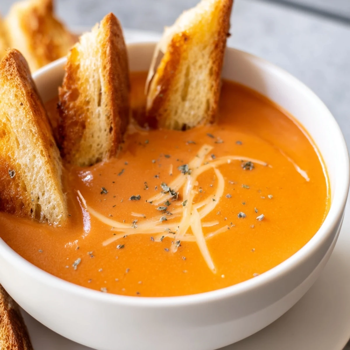 Close-up of Creamy Tomato Soup with Grilled Cheese Dippers, showing a rich red soup and crispy sandwich strips on a plate.