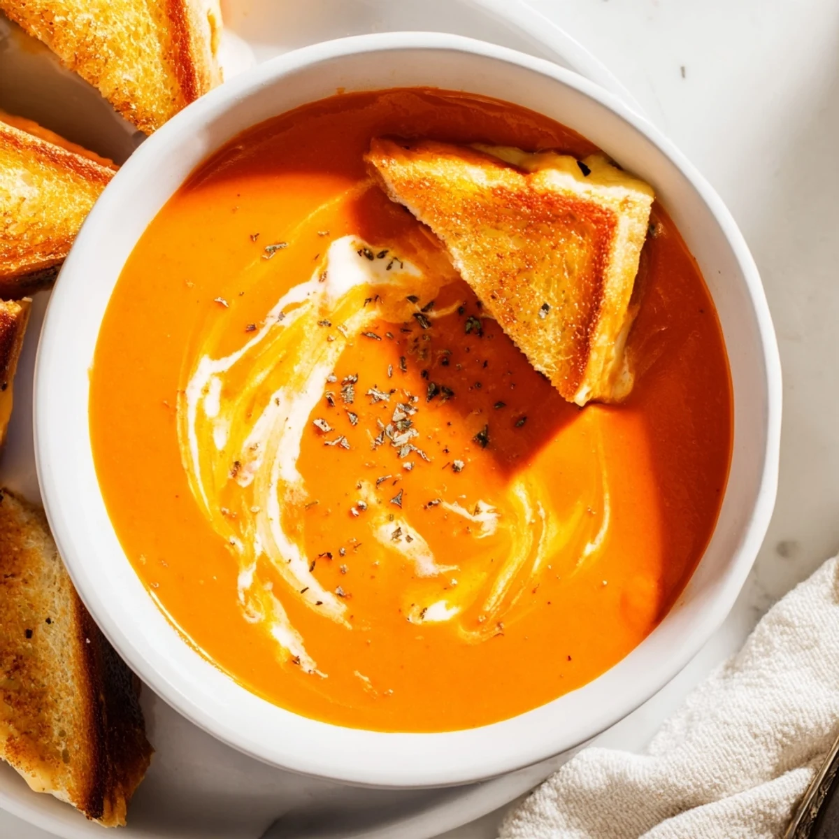 A comforting bowl of Creamy Tomato Soup with Grilled Cheese Dippers, steam rising, ready to be dipped into.