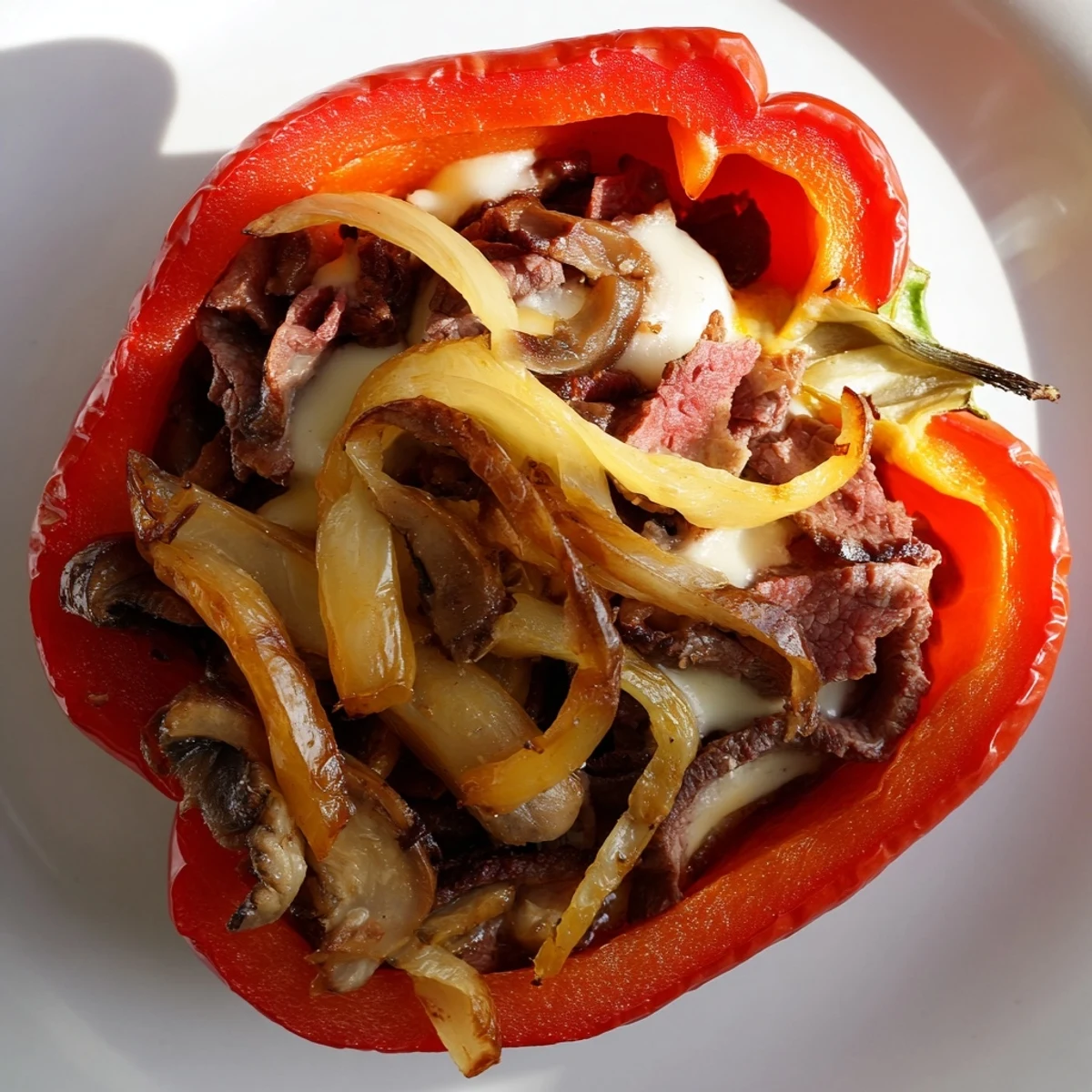 Sizzling beef and vegetables stuffed inside tender roasted peppers, topped with bubbling provolone cheese on a baking dish.