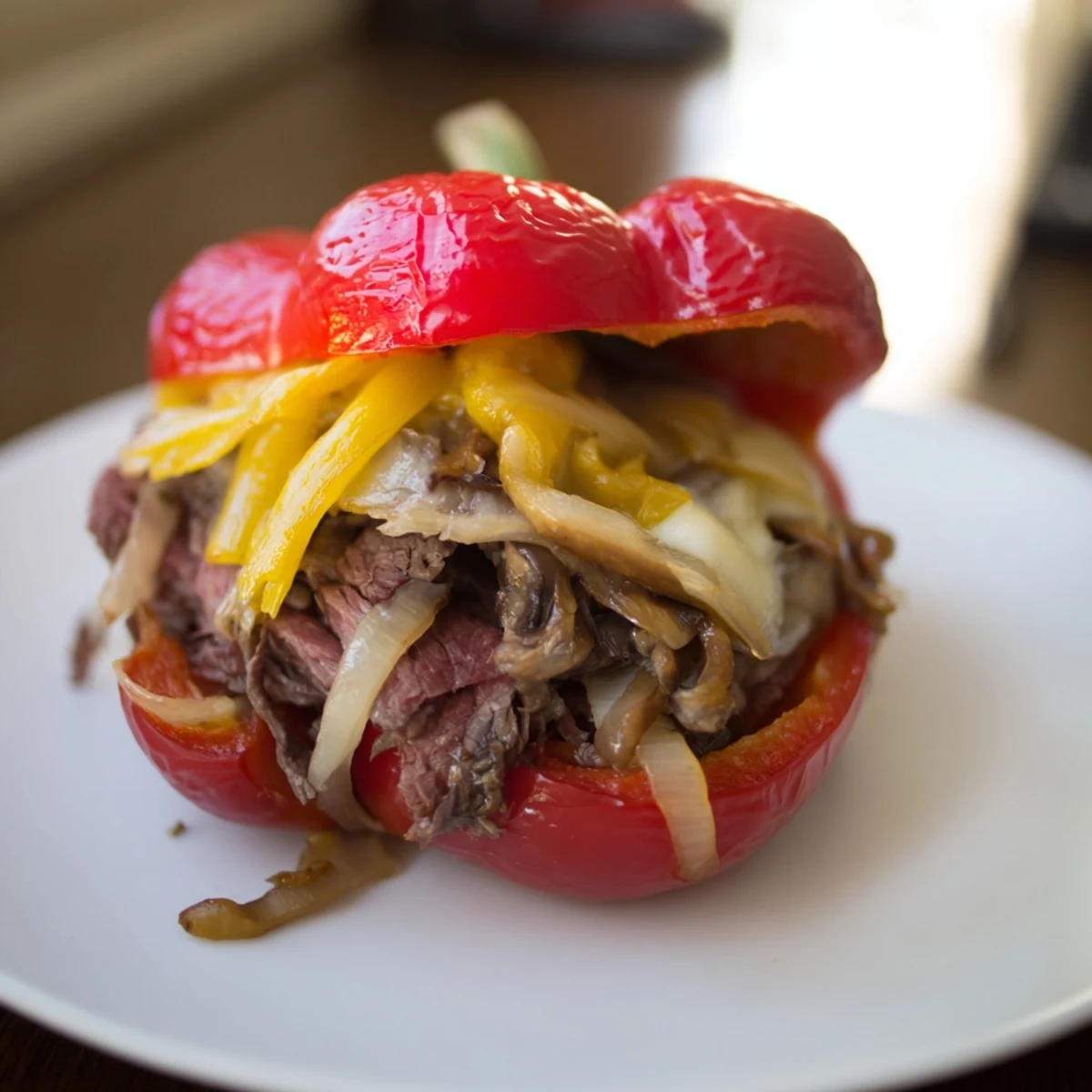 Golden bell pepper halves filled with savory ground beef, onions, and melted provolone for a low-carb Philly cheesesteak twist.